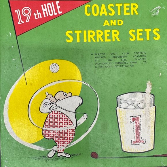 19th Hole Coaster Golf Club Cocktail Stirrer Set Vintage Japan Koozies Barware - Picture 4 of 8
